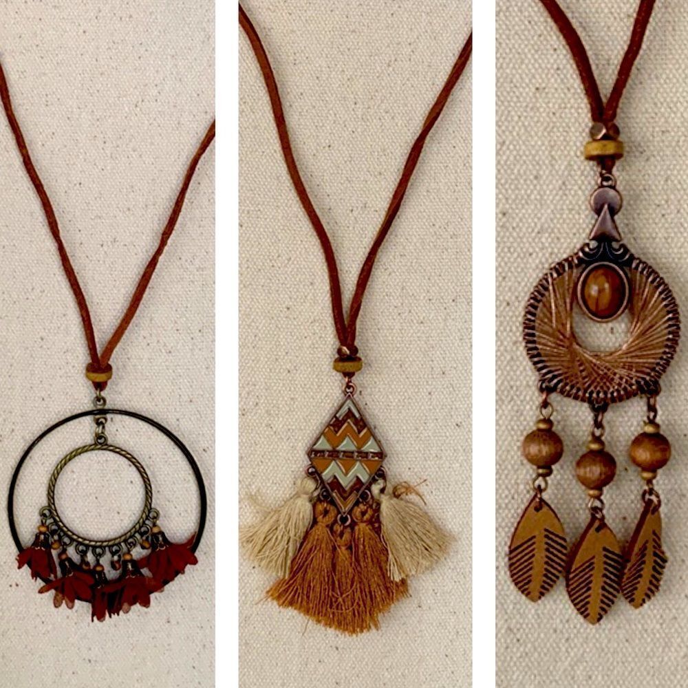 Set of 3 Men’s Boho Pendant Necklaces with Tassels